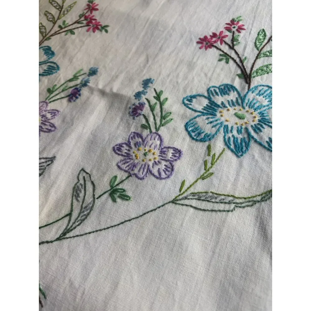 Vintage Hand Embroidery Table Runner Floral Embroidered Cotton Runner 42 X 16”